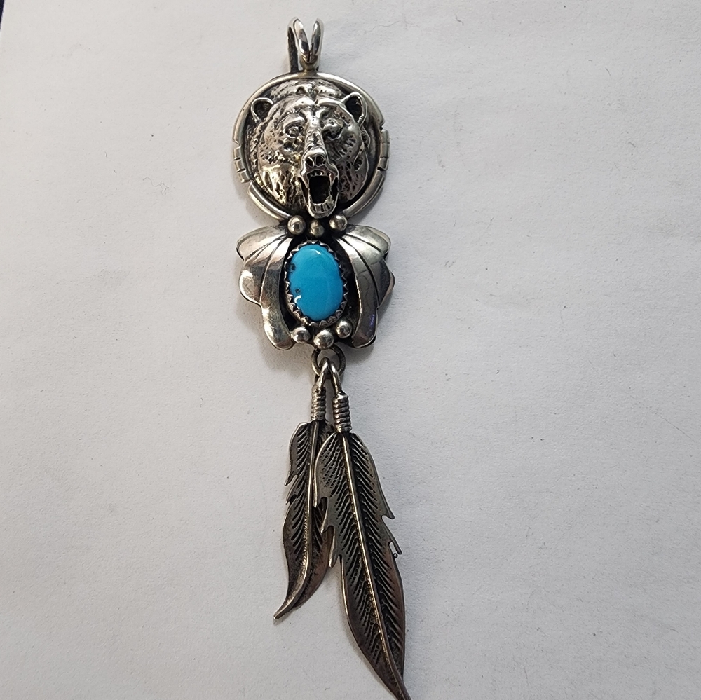 Vintage Western Bear with Feathers Turquoise and Sterling Silver Pendant